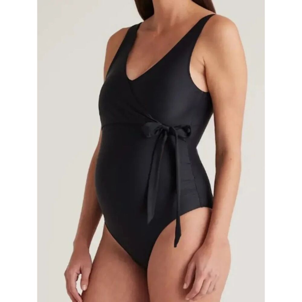 Quince Italian Maternity Black Wrap Front One-Piece Swimsuit Black M